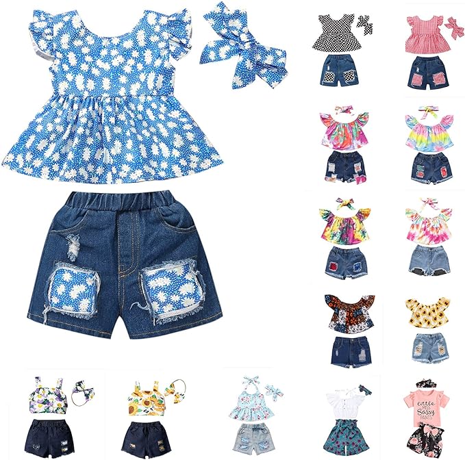 BUDAOWENG Ensemble Bebe Fille Ete Ensemble De Vêtements Mignon T-shirt Sans Manches Imprimé Marguerite Bebe Fille Hauts à Manches Volantées+short En Jean Déchiré+bandeau Papillon Noeud Bebe Fille