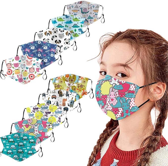 UUNN 3/10PC Visage Protection_Masques pour Enfants, Thème de Dessins Animés Imprimé Visage Echarpes, Réutilisable Lavable Anti-poussière Couvrant