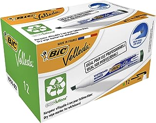 BIC Velleda 1751 ECOlutions Feutres pour Tableau Blanc Effaçables à Sec à Pointe Moyenne Biseautée - Vert, Boîte de 12