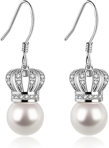 D.Perlla Femme Boucles d’oreilles longues de Couronne Clous d’oreilles des perles en Argent 925 Perles de culture Zirconium cubique Cadeau parfait