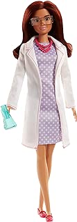 Barbie Métiers poupée scientifique avec robe à pois, blouse blanche, lunettes et accessoires, jouet pour enfant, FJB09