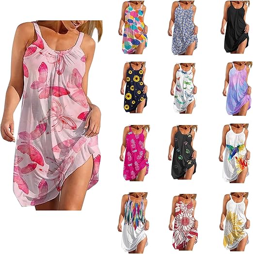 Robe Femme Eté Sans Manches Robe de Plage Femmes Chic Mode Rétro Décontractée Col Rond Impression Casual Fronde Plage Mini Jupe Grande Taille Robe