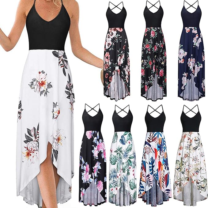 Robe Femme Longue Ete Grande Taille Sans Manche Robe Casual à Bretelle Col V Sexy Robe Bas Asymétrique Irrégulier Dress Décontractée Chic Vacances Robes De Soirée Cocktail Plage Robe Tunique Slim Fit