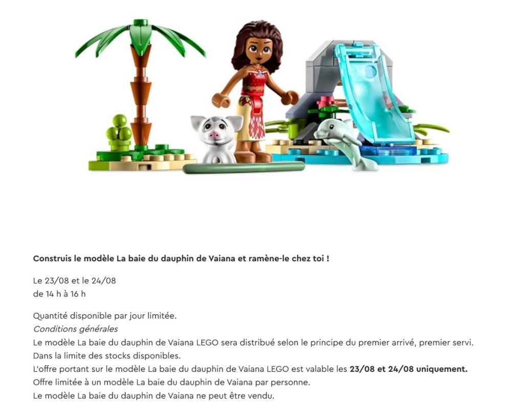 "Bon plan LEGO Vaiana - Obtenez La Baie du Dauphin gratuitement en magasin.