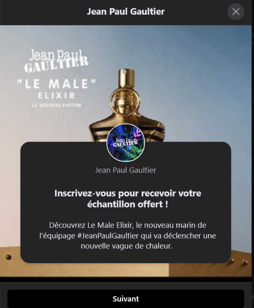 Offre de demande  Facebook pour recevoir un échantillon gratuit de Le Male Elixir par Jean Paul Gaultier