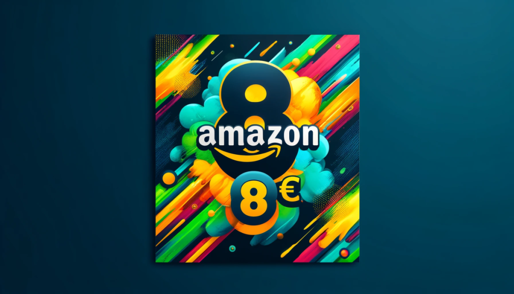 Image représentant l'offre Amazon de 8 € offerts dès 40 € d'achats, avec un caddie rempli de produits colorés et le logo Amazon.