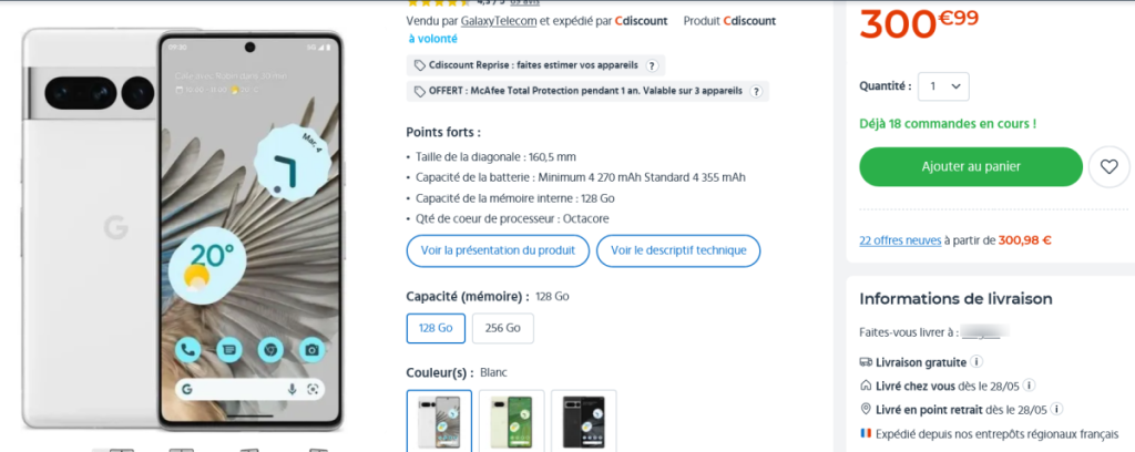 Capture d'écran du bon plan pour le Google Pixel 7 à 309€ sur Cdiscount