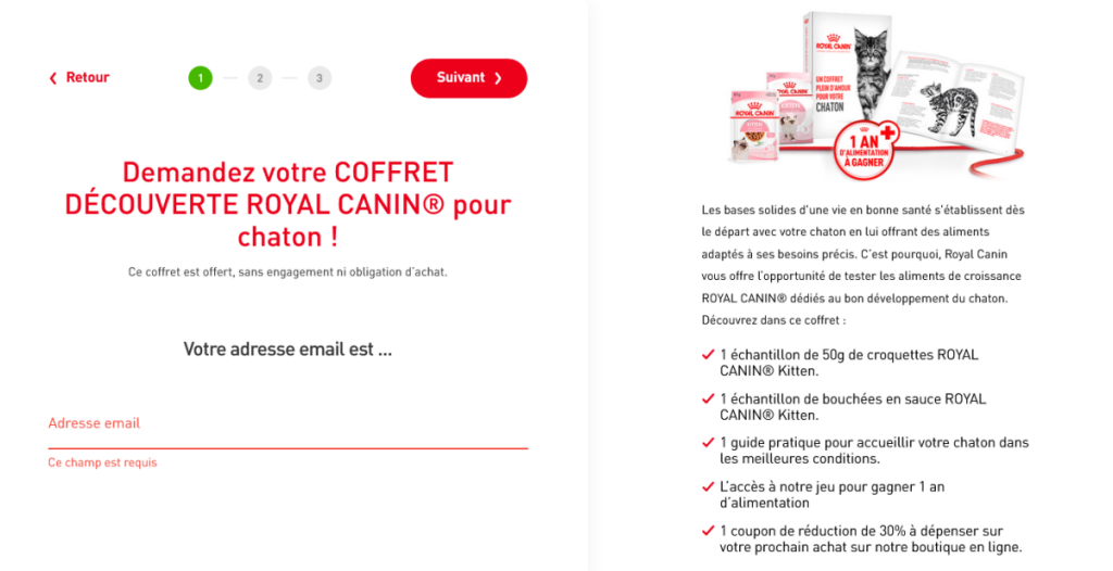 Capture d'écran de l'offre pour obtenir un coffret découverte Royal Canin gratuit pour chaton remplissez le formulaire