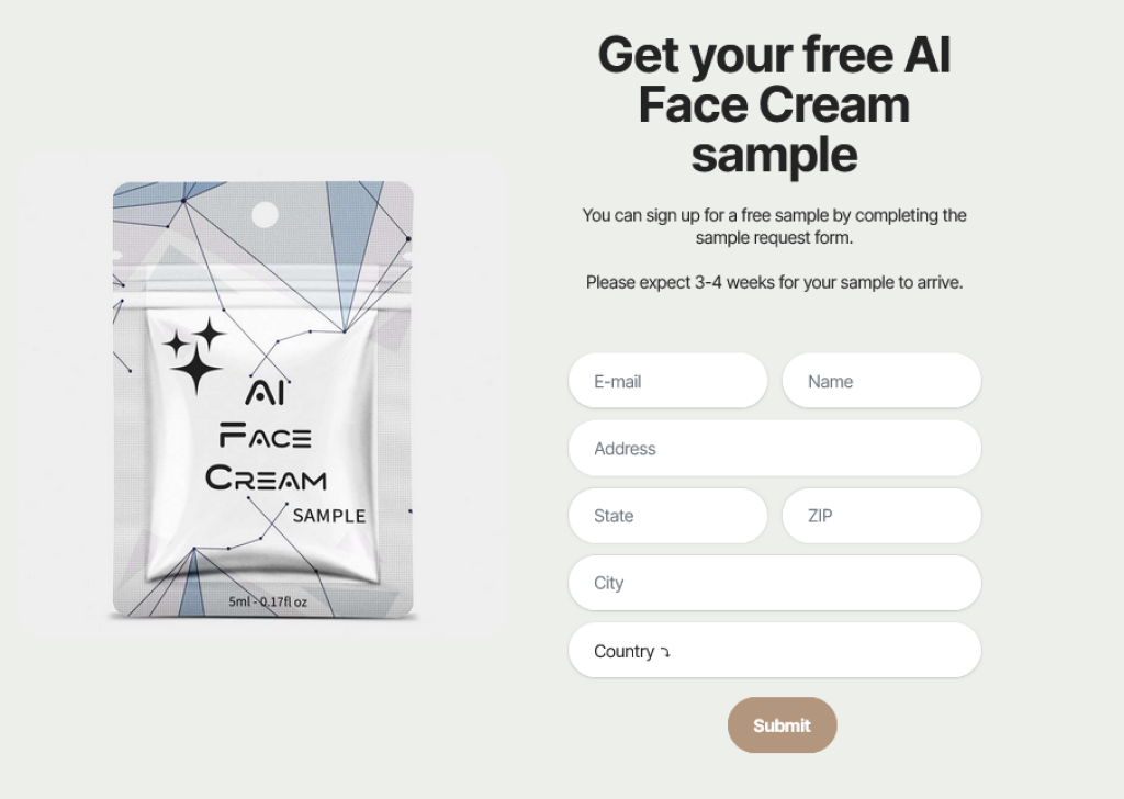 Formulaire de demande pour échantillon gratuit de la crème AI Face Cream.