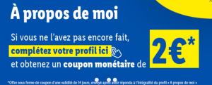 Capture d'écran de l'offre Lidl Plus avec 2€ offerts en complétant le profil