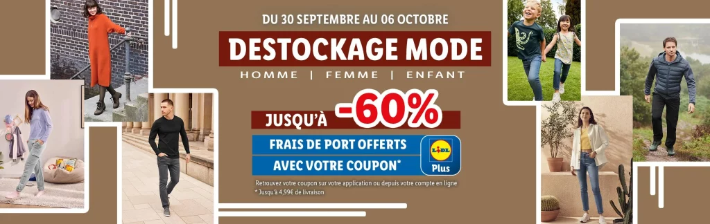 Visuel du déstockage mode Lidl - 60% de réduction et livraison gratuite