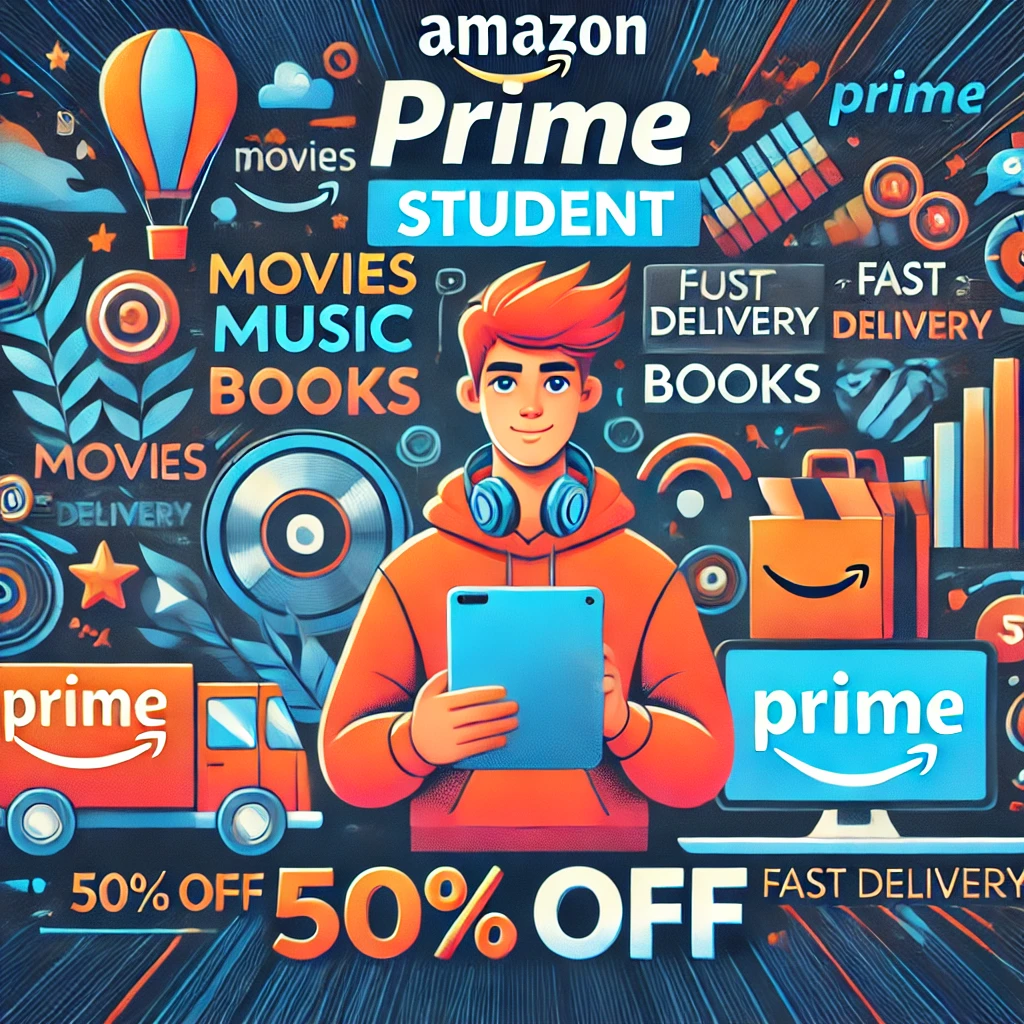 Illustration d'un étudiant tenant une tablette, avec des icônes représentant des films, de la musique et des livres en arrière-plan, accompagnée d'une bannière "50% de réduction" pour l'offre Amazon Prime Student.