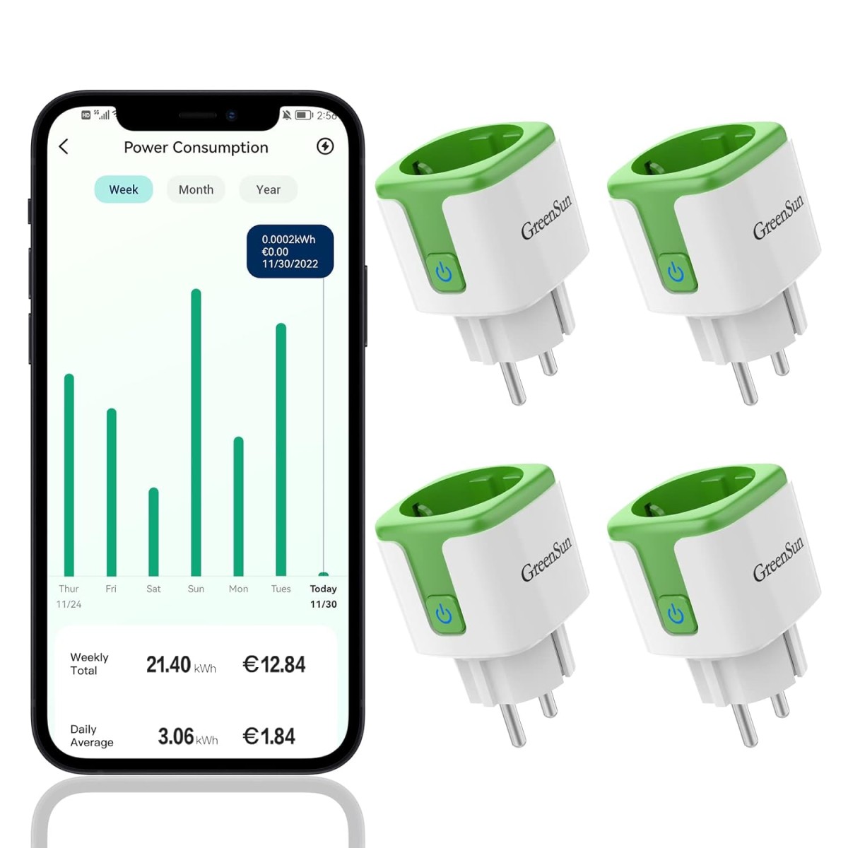 Lot de 4 Prises Connectées GreenSun avec Mesure de Consommation Électrique