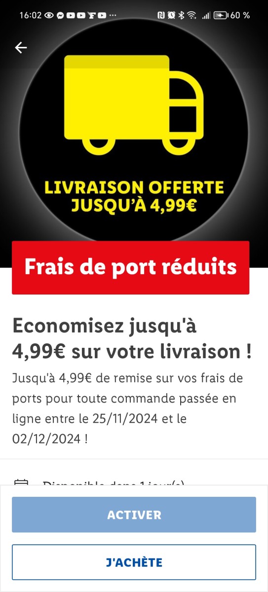 Offre Lidl – Livraison gratuite et frais de port offerts jusqu’à 4,99 €, valable du 25 novembre au 2 décembre 2024 pour toutes vos commandes en ligne.