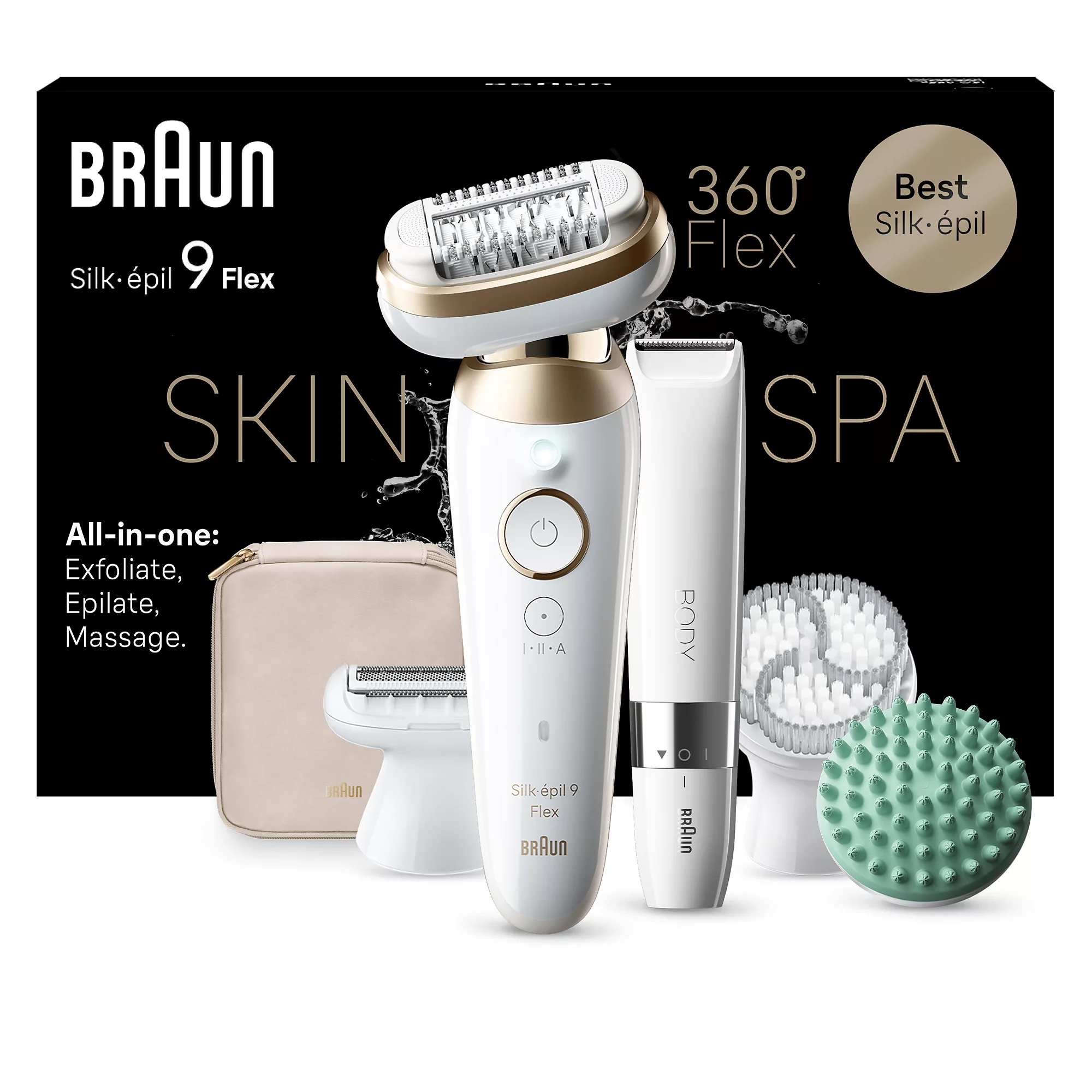 Épilateur électrique Braun Silk-épil 9-481 3D avec accessoires, idéal pour une épilation efficace et douce.