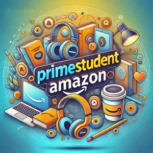 Visuel promotionnel Amazon Prime Student mettant en avant les avantages pour les étudiants, avec des objets du quotidien et une offre spéciale à 3,49€/mois après l'essai.