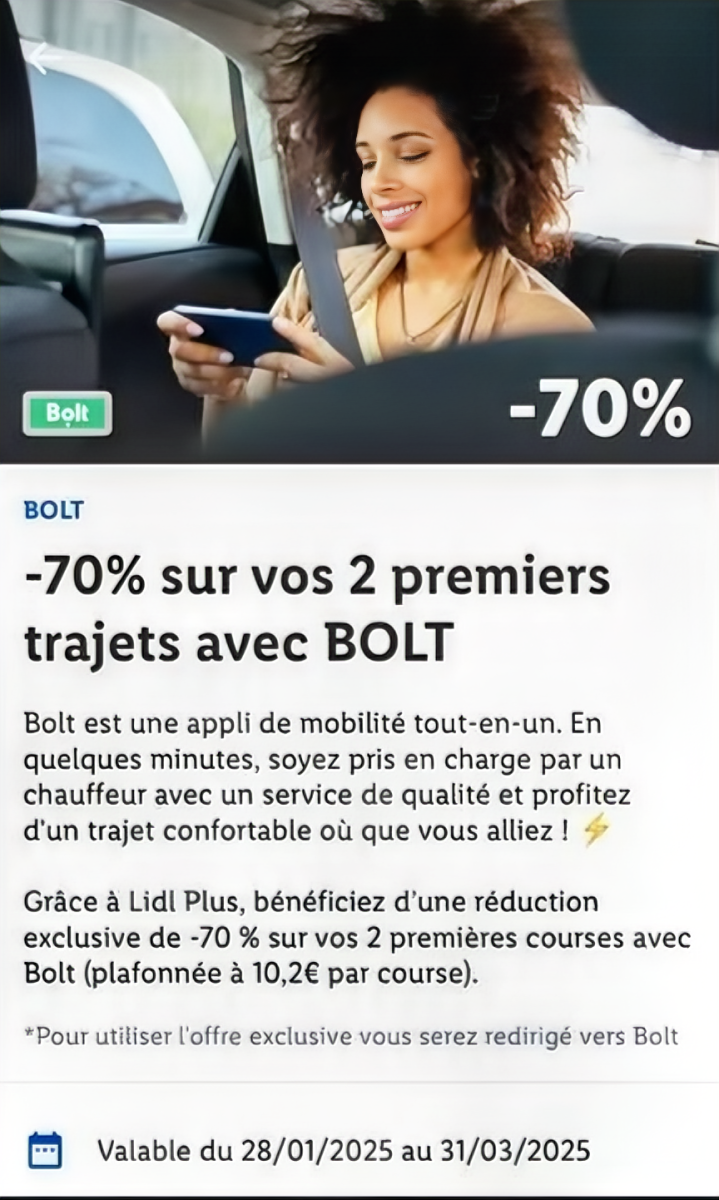 Réduction de 70% sur les deux premiers trajets Bolt avec l'offre Lidl Plus